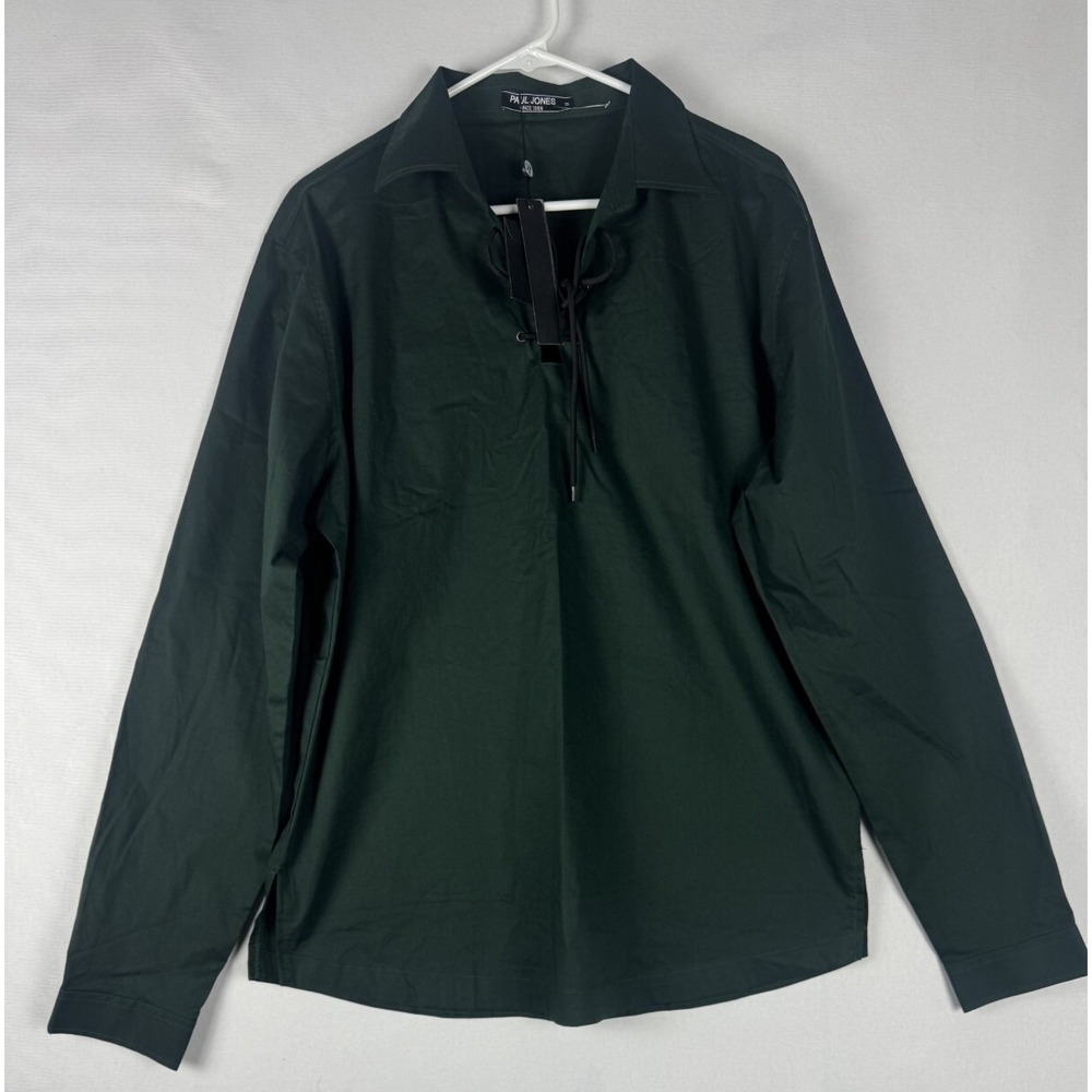 NWT Paul Jones Blouse Shirt Womens‎ M Green Drawstring Solid V Neck Collared Top